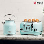 Haden Heritage 4 Slice Wide Slot Stainless Steel Toaster Bundled with 1.7 Liter Stainless Steel Electric Water Kettle, Turquoise & Chrome