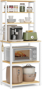 VASAGLE Coffee Bar, Baker’s Rack for Kitchen with Storage, 6-Tier Kitchen Shelves with 6 Hooks, Microwave Stand, Industrial, 15.7 x 23.6 x 65.7 Inches, Oak Color and White UKKS024W09
