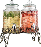 Classic Hammered Glass Beverage Dispenser with Elegant Stand (Set of 2), 1 Gallon Glass Drink Dispenser with Stand & Spigot, Party Drink Dispensers for Lemonade, Punch, Water, Juice