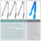 12 Pieces Buffet Tongs 7'' Serving Tongs Heavy Duty Stainless steel Kitchen and BBQ Utility Tong (Silver, 7inch)