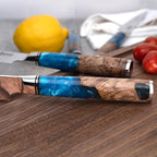 SENKEN Damascus Steak Knife Set - Tsunami Collection - 67-Layer Japanese VG10 Steel - Razor Sharp Non-Serrated Blades, Blue Resin & Natural Wood Pattern Handles, Luxury Gift Box (8 Steak Knife Set)