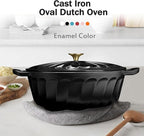 Enameled Oval Dutch Oven Pot with Lid, 7 QT Cast Iron Dutch Oven with Dual Handles for Cooking, Bread Baking, Frying, Non-stick Enamel Coated Oven (Black)