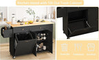 60'' Rolling Kitchen Island with Drop Leaf, Storage Islands Cart with Tilt Out Trash Can Cabinet, Rubber Wood Tabletop, Knife Holder, Wheels, Black