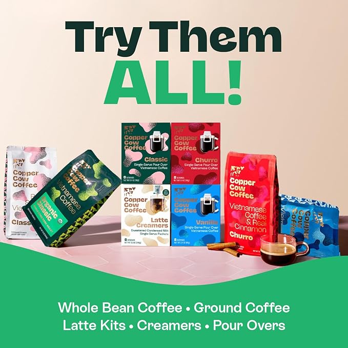 Copper Cow Coffee Premium Pour Over Single-Serve Vietnamese Coffee Pouches (8 pack) | Churro | Dark Roast | Flavored with Real Cinnamon | Convenient Vietnamese Ground Coffee Packets, Travel Friendly