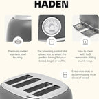 Haden Chelsea 4 Slice Wide Slot Toaster with Adjustable Browning Control, Grey & Chrome