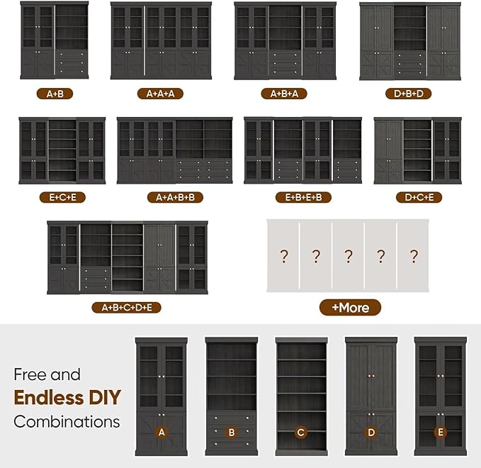70.8" Bookshelf with Glass Doors, Farmhouse Modular Bookcase with 6-Tier Adjustable Shelves, Large Storage Cabinet for Living Room & Home Office, Set of 2, Black