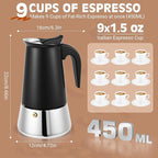 Moka Pot, 9 Cups (15.9 oz) Stovetop Espresso Maker, 304 Stainless Steel Moka Pot, Induction Compatible, Black