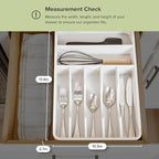 KitchenEdge Silverware Organizer - Cutlery, Flatware, and Utensil Holder for Kitchen Drawers, Fixed 10.5” Width, 7 Storage Compartments, Non-Slip Feet, Rounded Corners, 100% Bamboo, White Finish