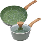 Nonstick Cookware Set, 2-Piece Non-Toxic Coated 8.5 Inch Frying Pan & Saucepan with Lid, PFOA Free Dishwasher Safe, Induction Compatible, Beginner Kitchen Pots and Pans Set, Green