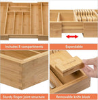 Bamboo-Silverware-Drawer-Organizer-Kitchen, Expandable Utensil Holder Cutlery Tray Flatware Organization Adjustable Wood Tableware Dividers Storage (with Removable Knife Block)(Natural)