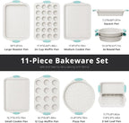 11-Piece Non-Toxic Bakeware Set – Nonstick, Stackable & Oven Safe with Heat-Resistant Silicone Handles – Cookie Sheet, Cake Pan, Muffin Mold, Pizza Tray & Bread Loaf Dish, White & Sky Blue
