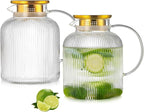 2 Liter 68 Ounces Glass Pitcher with Lid and Spout, Large Vertical Stripes Water Pitcher ribbed Borosilicate Glass Fridge Water Carafe for Cold Brew, Coffee, Lemonade, Sun Tea,Heat Resistant
