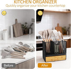 Kitchen Utensil Holder, 2-In-1 Large Utensil Holder Counter & Drawer Silverware Organizer Kitchen Countertop, 6 Compartment Caddy for Cooking and Flatware, With Quick Dry Diatomite Pad