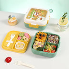 Bento Box for Kids & Adults – Cute Cartoon 2-Layer Lunch Box with Fork, Sauce Cup & Brush, BPA-Free, 3-Compartment Square Snack Container with Handle for School, Office, or Travel (Green)