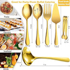 6 PCS Stainless Steel Serving Utensils, Large Serving Spoons Slotted Spoons, Forks, Ice Suger Tongs, Cake Server, Soup Ladle, Metal Utensils Set Great for Buffet Catering Banquet Party, Gold