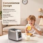 Mecity 2 Slice Toaster with Touch Screen & Auto Lift, Stainless Steel Cool-Touch Toaster with 8 Bread Settings, 5 Shade Levels, 1200W High Power, Keep Warm & Reheat Function, Stainless Steel, 120V