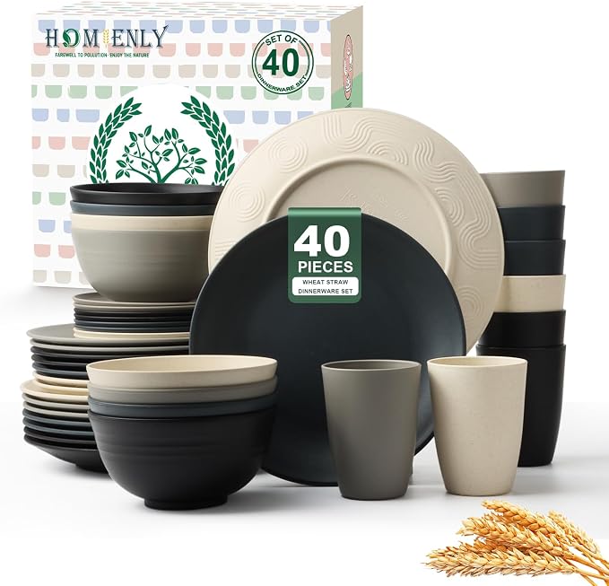 Homienly Kitchen Wheat Straw Dinnerware Set 40 PCS - Dinner Plates, Cereal Bowls, Wheat Straw Cups Set, Microwave and Dishwasher Safe Dishes Set, Unbreakable Dish Set for Party, Outdoor(Grey Stone) by Homienly