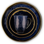 Stone Lain Porcelain 16 Piece Dinnerware Set, Service for 4, Blue and Golden Rim, Dark Blue