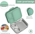 Stainless Steel Bento Lunch Box for Kids | 3-Compartment Lunch Box Container Kids | 100% Leakproof, Eco-Friendly, Perfect Portion Control for Kids&Adult Healthy Meals (Green)
