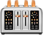 SEEDEEM Toaster 4 Slice, Stainless Steel, Touch Screen for Dual Control, Digital Timer, Smart Toaster with 6 Bread Type, 7 Shade Setting, 1.5''Wide Slot, Removable Crumb Tray, 1800W, Silver Metallic
