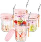 Glass Overnight Oats Containers with Lids and Spoon, 16oz Wide Mouth Mason Jars for Overnight Oats, Cereal, Yogurt, Salad Lunch Container with Measurement Marks - Pink 4 Pack