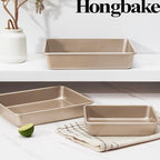 HONGBAKE Deep Baking Pans Set of 3, Nonstick Rectangle Sheet Cake Pans, 13/11/9 Inch Metal Oven Tray for Cooking Lasagna Brownie, Stackable Multi-Depth Bakeware, Golden