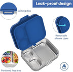Stainless Steel Bento Lunch Box for Kids | 3-Compartment Lunch Box Container Kids | 100% Leakproof, Eco-Friendly, Perfect Portion Control for Kids&Adult Healthy Meals (Blue)
