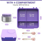 Bento Box for Kids - Leak-Proof Bento Lunch Box with Insulated Thermos Food Jar - 4 Compartments, 1 Removable Divider, 1Spoon, 1 Fork - Dishwasher Safe, BPA-Free (Light purple)