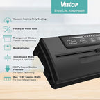 Veetop Vacuum Sealer, Automatic 80kPa Food Sealer Machine with Dry Moist Modes for Food Preservation,1 Vacuum Rolls & 10Pcs Vacuum Seal Bags
