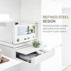 YAMAZAKI Home Tower Kitchen Countertop Organizer Appliance Stand with Drawer and Pull-Out Shelf – Steel Microwave Stand with Drawer, Modern Countertop Shelf Organizer, White, Space-Saving Design