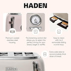 Haden Dorset 4 Slice Wide Slot Stainless Steel Toaster with Adjustable Browning Control & Non-Slip Feet, Putty & Chrome