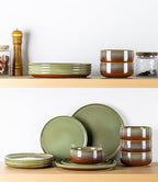 TheTerra Ceramic Dinnerware Sets for 6, 18 Pieces Handmade Reactive Glaze Plates and Bowls Set, Scratch Resistant Dish Set, Oven & Microwave & Dishwasher Safe, Brown Green