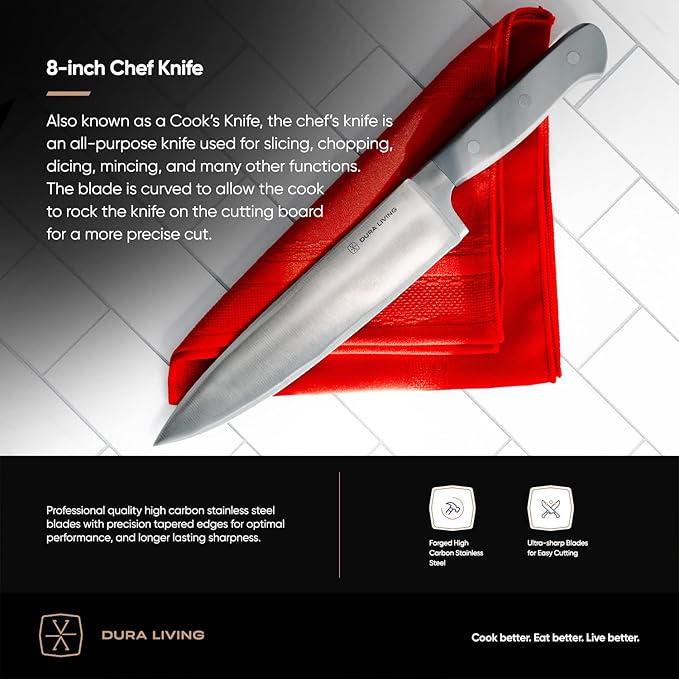DURA LIVING 3-Piece Kitchen Knife Set – Ultra-Sharp Forged High Carbon Stainless Steel, Includes 8" Chef, 5" Utility, 3.5" Paring Knives, Ergonomic Handles, Professional Starter Set, Gray