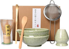 7 Pcs Matcha Whisk Set,Chasen Whisk,Matcha Bowl with Spout,Whisk Holder,Stainless Steel Sifter,Spoon,Scoop,Gift for Matcha Lovers