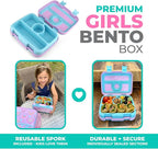 kinsho Kids Bento Lunch Box, Reusable Meal and Snack Container, Lunch Boxes For Small Girls & Toddlers Lunches, 4 Compartment - School, Daycare, Drop-Proof BPA Free, Purple Rainbow