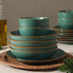Gibson Home Hazeltine 16-Piece Green Stoneware Dinnerware Set – Plates and Bowls, Durable Ceramic Kitchen Dinner Set