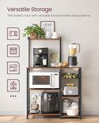 VASAGLE Baker's Rack, Microwave Stand, Kitchen Storage Rack with Wire Basket, 6 Hooks, and Shelves, for Spices, Pots, and Pans, Rustic Brown and Ink Black UKKS35X