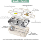 Stainless Steel Bento Lunch Box for Kids, 26.4 oz Leak-Proof 3-Compartment Metal Bento Box, BPA-Free, Cute Cartoon Meal Prep Snack Container with Utensils for School, Office, Travel - Beige