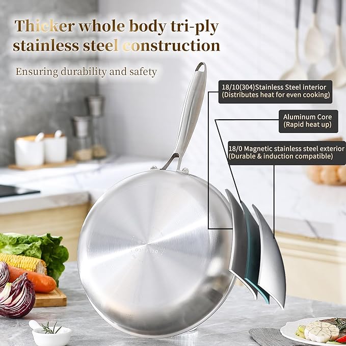 DELARLO Tri-ply Stainless Steel Frying Pan Set with Lid 10" 12" Induction large Skillets Chef's Pan,Pots and Pans Set Kitchen Cookware Set Suitable for All Stove