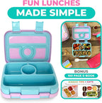 kinsho Kids Bento Lunch Box, Reusable Meal and Snack Container, Lunch Boxes For Small Girls & Toddlers Lunches, 4 Compartment - School, Daycare, Drop-Proof BPA Free, Purple Rainbow
