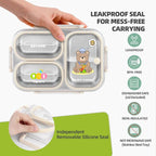 Stainless Steel Bento Lunch Box for Kids, 26.4 oz Leak-Proof 3-Compartment Metal Bento Box, BPA-Free, Cute Cartoon Meal Prep Snack Container with Utensils for School, Office, Travel - Beige