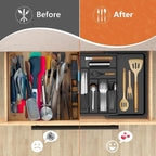 Large Silverware Drawer Organizer,utensil drawer organizer Adjustable Flatware and Cutlery Holder BPA Free Plastic Utensil Tray for Kitchen Spoons Forks Knives Black 21.6 to 38 Inches