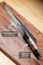 Dalstrong Meat Slicer Knife - 11”-Scorpion Series - Venom Edition - Japanese Steel Chef Knife - Spiral Sandstorm Blade Pattern - Black Honeycomb Resin Handle - w/Leather Sheath