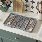 Lifewit Plastic Utensil Organizer for Kitchen Drawers, Expandable 13 to 22.4 Inches Wide, Adjustable Cutlery Silverware Flatware Holder, Kitchen Spatula Tools and Gadgets Storage Divider, Large, Gray