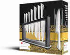 Cuisine::pro Damashiro 8-Piece Satori Knife Block - Japanese Steel Knife Set with Acacia Wood Knife Block -Damascus-Inspired Blade