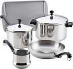 Farberware Classic Series Stainless Steel Pots and Pans with Baking Sheet Pan, Cooking Tools, and Lids, Induction Ready, Dishwasher Safe, 10 Piece Cookware Set, Metal Utensil Safe - Stainless Steel