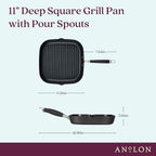 Anolon Advanced Home Hard Anodized Nonstick Deep Square Grill/Griddle Pan with Pour Spouts, 11 Inch, Onyx