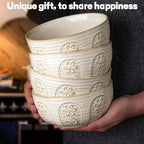 Artena Soup Bowls 32 OZ, Cereal Bowls Set of 4, White Embossment Ceramic Ramen Bowl for Salad, Dinner, Pho, Noodle, Pasta, Snacks, Dishwasher Microwave Safe, 6.3 Inch, Pinwheel Flower