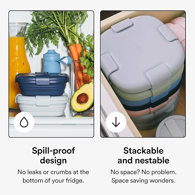 STOJO Collapsible Sandwich Box – 24oz, Reusable Food Storage Container, Silicone Bowl for Hot/Cold Food – Meal Prep, Lunch, Camping, Hiking – Dishwasher Safe (Set of 5, Steel)