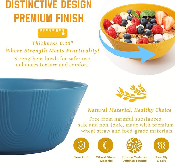 Wheat Straw Bowl Sets of 6 - 36oz Cereal Bowls with Textured Design,Large Soup Bowl - Microwave and Dishwasher Safe, Ramen Bowl Set, Alternative to Plastic Bowls for Serving Soup,Ramen,Salad - Multi